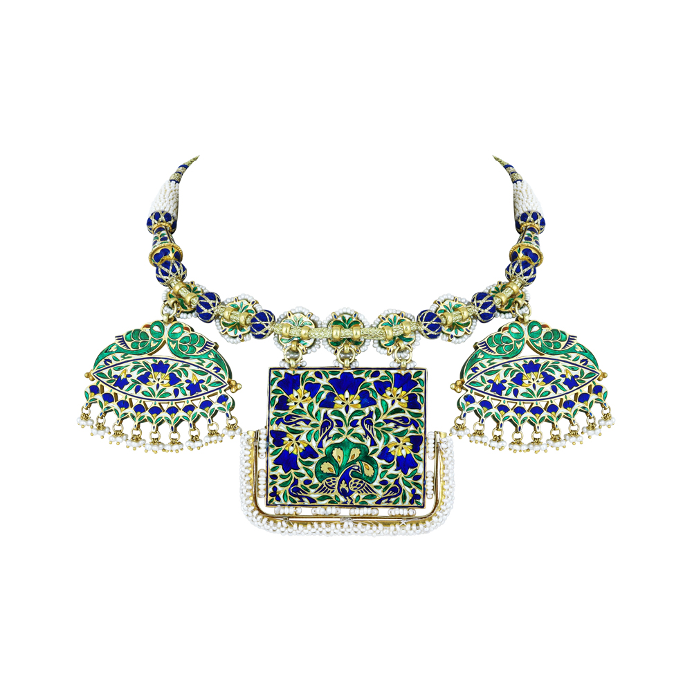 Blue Enamel Pankhi Polki Pendant Necklace